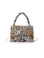 Mini leopard print evening clutch with twisted handle and golden chain strap for women - Satin / Twisted Rope Handle / Leopard Print