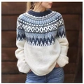 Jersey de punto para mujer con cuello redondo en blanco y patrones Fair Isle azul y gris - 3XL / Blanco