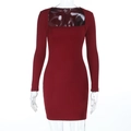 Slim fit dark red square neck long sleeve bodycon dress with ribbed knit texture - S / Burgundy