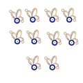 Detailed view of 10 golden butterfly evil eye connectors with rhinestones for DIY jewelry - Style 1 Gold Blue Butterfly