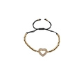 Pulsera tejida negra ajustable con cuentas doradas y colgante de corazón de circón - Cuerda negra con cuentas de cobre