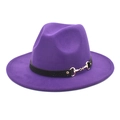 Close-up of a purple wool fedora hat with a black leather band and gold horsebit buckle - Purple