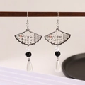 Chinese style fan earrings with relief calligraphy and hanging pearl accents - White K Ink Transparent Fan (10496)