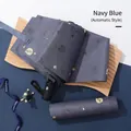Automatic navy blue folding umbrella with cute cartoon pets and matte black handle - 306 Automatic / Haze Blue Cat Dog Party
