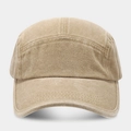 Front view of khaki washed cotton 5-panel camper hat with detailed stitching and soft top - Khaki