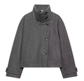 Detailansicht der grauen Wollmischung-Kurzjacke mit Stehkragen und Harzknöpfen - XS / Dunkelgrau