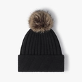 Women's black ribbed knit beanie with a large fluffy brown faux fur pom pom - One Size / Black