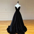 Elegant black velvet evening gown featuring a deep V-neck and a long floor-length silhouette - US size 2 (S) / Black