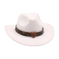 White felt cowboy hat with leopard embossed leather band and bronze leopard head buckle - Adult 56-58cm / White