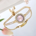 Elegante reloj de pulsera dorado con esfera rosa, diamantes y perlas para mujer - Rosa