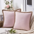 Set of two pink linen throw pillow covers with jute fringe trim on a cozy sofa - 30*50cm / Pink
