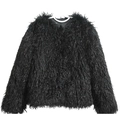 Detailed texture of black faux fur jacket showing fluffy sheep wool style long fibers - Black