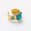 Vintage golden stainless steel open ring with three natural turquoise stones - R01033-Gold Three-Stone Blue Turquoise-Hammered Texture