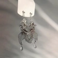 Silver goldfish drop earrings with hollow wire fish and teardrop crystal pendants - 35# Silver Pin - Silver