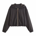 Damen Kapuzen-Bomberjacke in Schwarz mit passender High-Waist-Hose im sportlichen Set - XS / Dunkelgraues Top