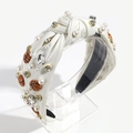 Detailed shot of white fabric headband featuring basketball charms, pearls and rhinestones - Off White