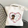 White canvas shoulder bag with colorful Dachshund dog print and heart floral wreath - C5 / No Inner Pocket No Zipper