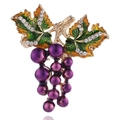 Golden grape brooch with purple pearls, green enamel leaves, and sparkling rhinestones - Grape B07916