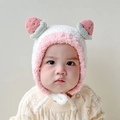 Pink and white knit baby winter hat with watermelon ear flaps and secure chin straps - White Plush Fruit
