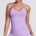 Detail of lavender halter sports bra with ruched chest design and high-waist leggings - Light Purple