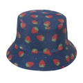 Detailed view of red strawberry embroidery on navy blue cotton canvas bucket hat - Navy Blue