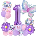 Close-up of birthday party set with purple number 1 balloon and gradient butterfly - 1st Birthday Butterfly Set