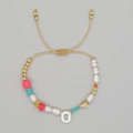 Adjustable colorful beaded bracelet with letter O pendant, freshwater pearls, and gold beads - Letter O Style (ZZ-B24061901O-F)