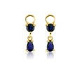 Detail of gold drop earrings featuring round and pear-cut deep blue zircon stones - Model G [Blue Zirconia]