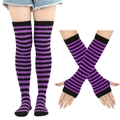 St. Patrick's Day purple and black striped over-knee socks and matching sleeve set - Black Purple Red Striped Socks and Gloves