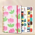 A5 spiral notebook with pink tulip oil painting cover and decorative sticker set - Tulip (Rose Red) + Gilded Stickers