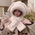Set sciarpa con cappuccio a orecchie di coniglio e guanti in morbido peluche - Beige