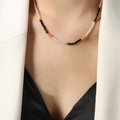 Handmade beaded titanium steel necklace with black, clear, and pink natural stones - Mixed Natural Stone Beaded Necklace (P1543)