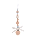 Blue and white silicone pacifier clip with wooden heart and handmade ribbon bow - Grey Blue Pacifier Chain