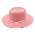 Cappello estivo in paglia rosa a cima piatta con decorazione di perle e tesa larga - M (56-58cm) / Rosa