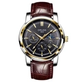 Men's waterproof watch with brown leather strap and black gold chronograph dial - Fortune Leather Two-tone Case Black Dial Brown Strap