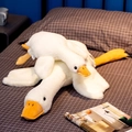 Two white swan plush toys in large and small sizes on a modern grey textured bed - 90cm/0.48kg / White Goose