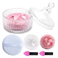 Pink and white microfiber powder puffs with glitter bows in a clear glass storage jar - 1 Large White + 1 White + 1 Pink + 2 Brushes (In Glass Jar)