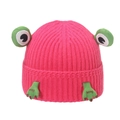Detailed view of pink knitted beanie with green frog feet and Good embroidery - M (56-58cm) / Rose Red