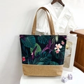 Linen tote bag with tropical leaf print and large capacity shoulder design - Cyan Purple Flower