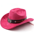Detail of rose red fedora with leather band and metallic bull head buckle and star studs - Rose Red