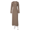 Detailed view of back lace-up closure on taupe long sleeve U-neck maxi dress - S / Khaki