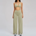 Sage green yoga set featuring V-cross high waist wide leg pants and twist sports bra - S / Top And Bottom / Moss Green