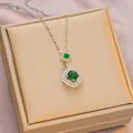 Women's gold plated titanium necklace with emerald green square crystal pendant - 6057 Layered Square Zircon / Silver Green Zircon