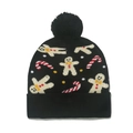 Detail of black knit Christmas hat featuring pom-pom, gingerbread man and candy cane patterns - 56-60cm / Style G(ZZM61)