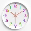 Detail of 3D rainbow gradient numerals and rose gold hands on 30cm modern white clock - Style P Rainbow White Frame / 12 Inch