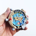 Colorful resin ship wheel souvenir magnet featuring Sicilia cities on white background - Sicily Ship Rudder