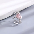 Silver open ring with heart-shaped pink opal stone and crystal butterfly detail - Silver Heart Cat Eye Open Ring (A-1336)