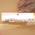 Elegant 6-pair gold set of geometric faux pearl and rhinestone stud earrings - S925 Pin - White (Set of 12)