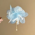 Blue and white gradient tulle orchid hair clip with elegant pearl tassel decoration - No.40 Hair Stick-Blue Flower