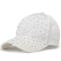 White lace baseball cap for women decorated with colorful rhinestones and floral pattern - White